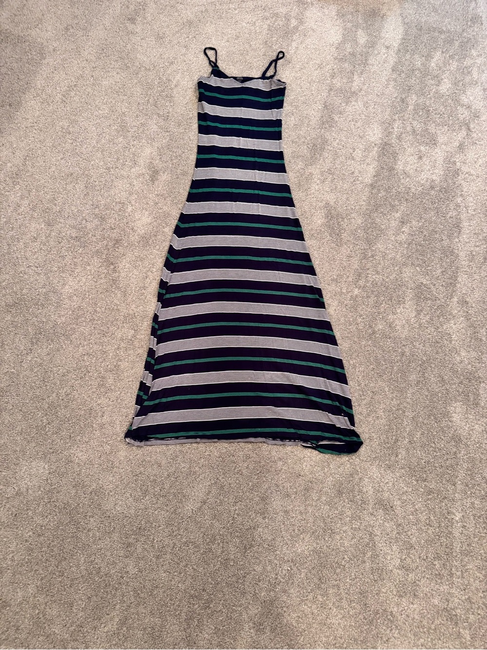 SO Striped Spaghetti‑Strap Maxi Dress in Navy, White & Green